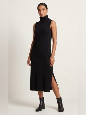 Pure Navy 100% Cashmere Sleeveless Turtleneck Midi Dress – Size Small
